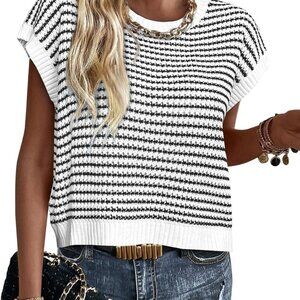Womens Short Sleeve Sweater Spring Summer 2025 Round Neck Striped Pullover Cap S